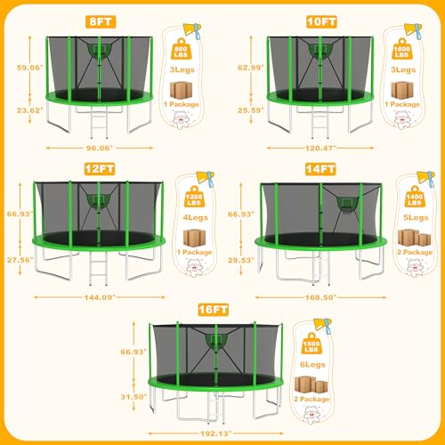 2025 Upgrade 1500LBS Outdoor Tranpoline for Kids and Adults 【Easy to Install & Built to Last】 10FT 12FT 14FT 16FT Recreational Tranpolines with Net, Basketball Hoop and Ladder, ASTM Approved