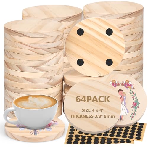 Adrattnay 64Pcs Unfinished Wood Coasters, 4" Round Wooden Coasters Tabletop Protection with Non-Slip Dot for Drinks, 9mm Blank Wood Coasters Bulk for Laser Engraving Painting Wood Burning Crafts
