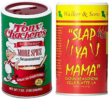 Louisiana Spicy No MSG Cajun Creole Seasoning Bundle - 1 Each of Tony Chachere's More Spice 7 Ounce and Slap Ya Mama HOT 8 Ounce Canisters