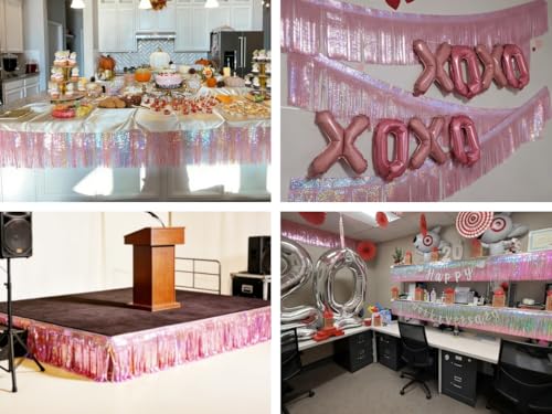 Image of 4 Pack Iridescent Pink Total 40 Feet Foil Fringe Garland Metallic Tinsel Banner Wall Hanging Drapes Parade Float Skirting Decorations for Trailer Mardi Gras Party Birthday Wedding