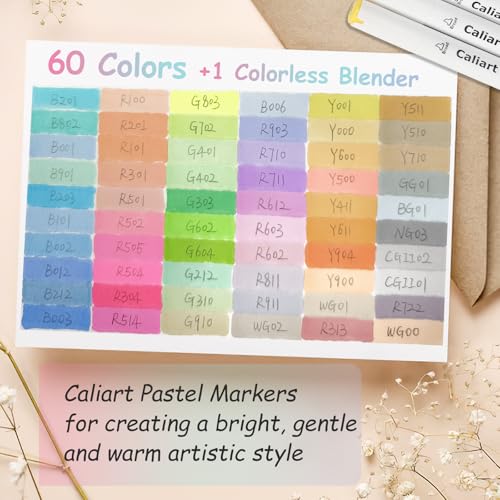 Image of Caliart Pastel Alcohol Markers, 61 Colors Fine & Broad Chisel Dual Tip Permanent Art Markers with Carrying Case, Alcohol Based Sketch Pens for Adults Artists Coloring Painting Drawing Illustration