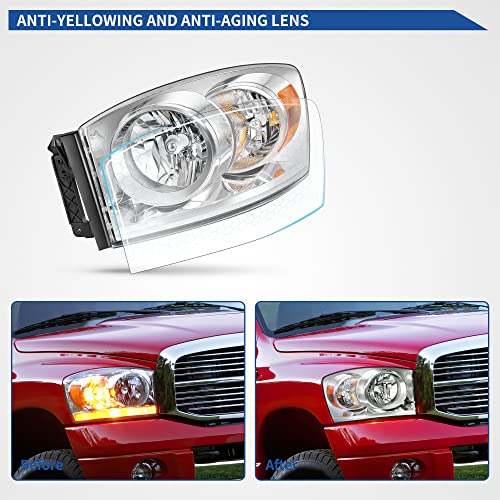 Image of OEDRO Headlight Assembly Replacement for 2007 2008 Dodge Ram 1500 /07-09 Ram 2500 3500, Headlamp with Amber Reflector, Chrome Housing Clear Lens
