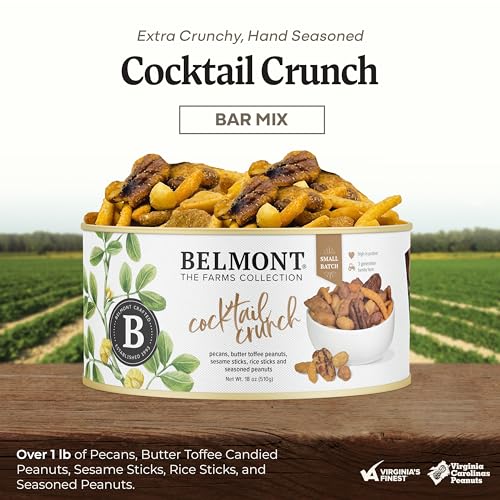 Image of Belmont Peanuts Cocktail Crunch Mix, 18 oz (1 Pack) - Pecans, Butter Toffee Virginia Peanuts, Sesame Sticks, Rice Sticks, Seasoned Peanuts - Simple Ingredients, No Preservatives, Hand Seasoned