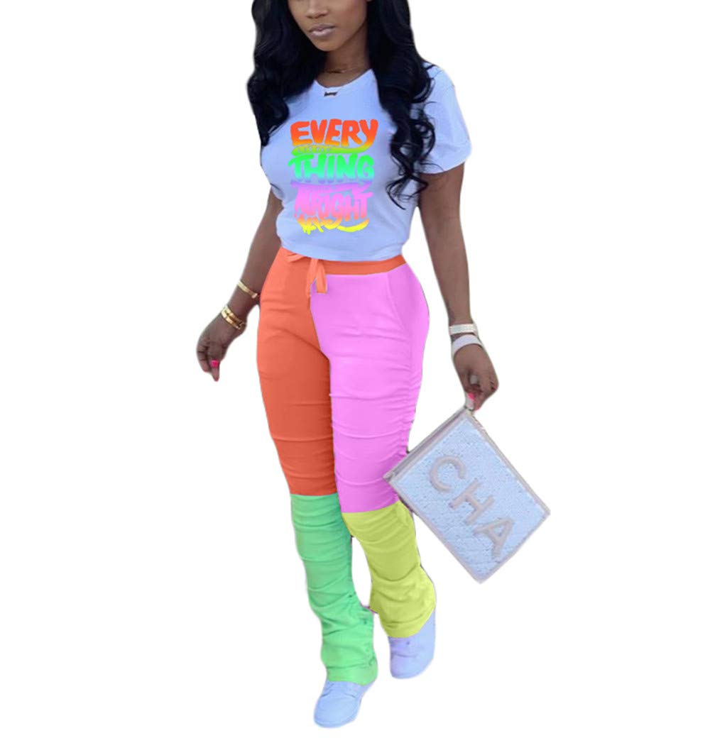 Casual 2 Piece Outfit Sets for Women Color Block Short Sleeve T-Shirts + Stacked Flare Pants Tracksuit Sweatsuit