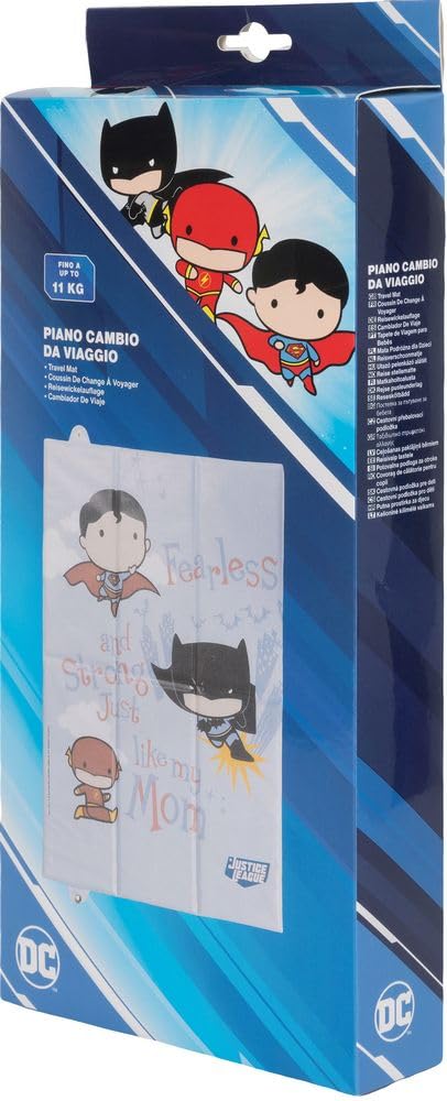 Table à langer pliable Warner Bros Justice League pour enfants, parfaite pour voyager, peu encombrante, souple et équipée d'une fermeture à bouton, dimensions 61 cm x 39 cm