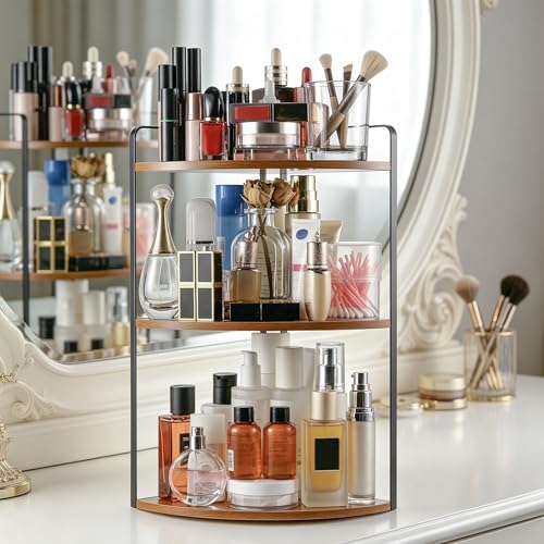 Image of 3 Tier Corner Bathroom Counter Organizer, Countertop Organizer, Makeup Organizer Countertop, Bathroom Storage Sink Shelf, Wooden and Metal Counter Shelf (Light Brown)