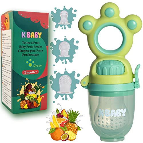 K-BABY Tetina de alimentación para bebés/mordedor para Diseño innovador Tetina de frutas + 3 tetinas de silicona evolutivas 3 a 24 meses Mango ergonómico conveniente Juguete mordedor sin BPA (Verde))