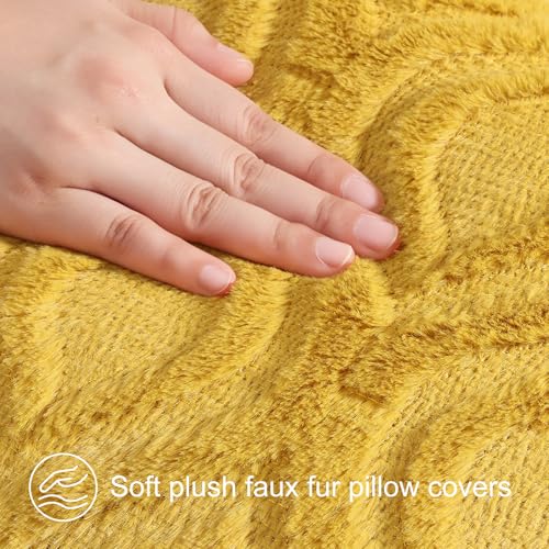 decorUhome Throw Pillow Covers 12x20 Inch Set of 2, Soft Plush Decorative Faux Fur Mustard Yellow Solid Couch Pillow Covers, Accent Farmhouse Neutral Lumbar Euro Pillow Cases for Sofa Bed Living Room