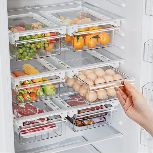 Image of INOVERA (LABEL) Pull Out Fridge Drawer Organizer - Adjustable Storage Container - Removable Bin for Fruits, Vegetables, Food (Transparent)