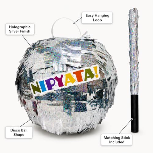 Image of Wanna Party Disco Ball Shaped Pinata Khoi Bag with Stick for Kids & Adults Birthday Party, Fillable Silver Mirror Ball Pinata Game for Disco Theme Party Decoration, Dance & Retro Theme
