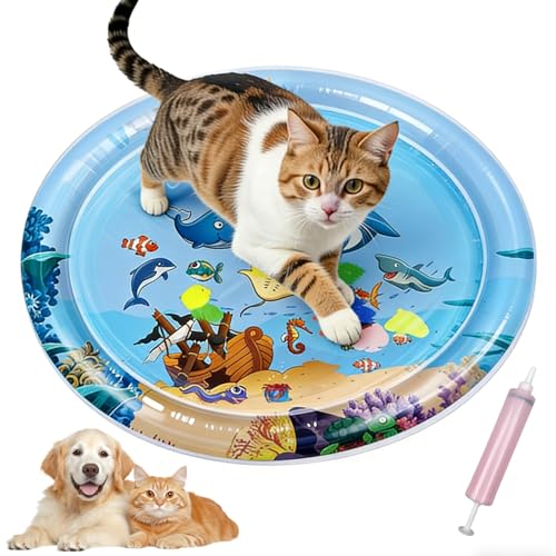 Water Sensory Play Mat for Cat Dog 2026 Inflatable Pet Cooling Water Pad Summer Water-Fillable Sensory Mat Upgraded with 50% Extra Thickness Large 100cm Diameter with Air Pump (Light Blue)