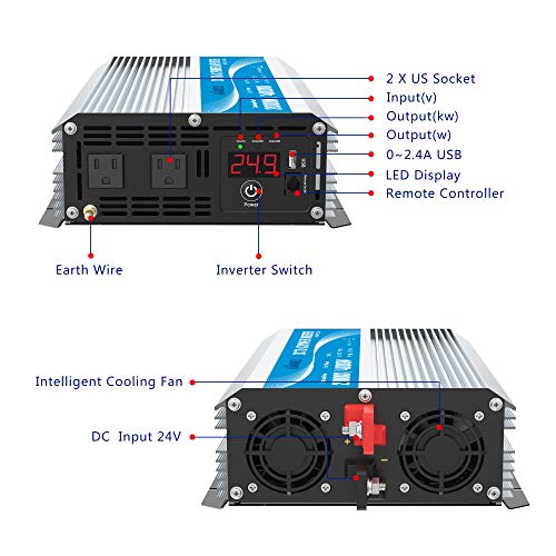 2000W 24V Modified Sine Wave Power Inverter DC 24 Volt to AC 110 120 Volt with Remote Control & LED Display and USB Port for RV Truck Boat