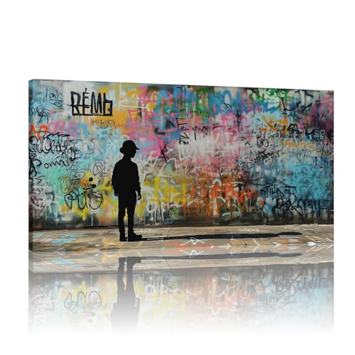 Arte de pared de lienzo de graffiti colorido abstracto enmarcado para sala de estar Banksy Little Boy Street Pop Art Decoración de pared Impresiones 50x102cm/20x40in Con marco listo para colgar