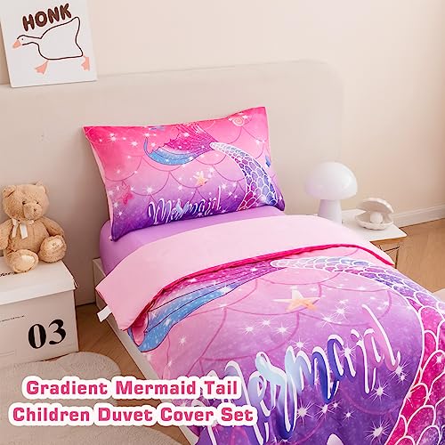 STYHO Pink Purple Mermaid Bedding Sets Double 3 Pieces Colorful Rainbow Duvet Cover Set for Girls Soft Gradient Tie Dye Kids Bedding Duvet Set(Pink Purple Mermaid - Image 2