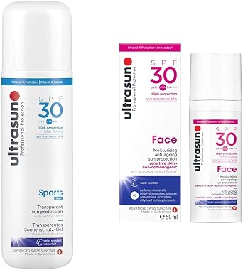 ultrasun Sports SPF 30 Transparent Sun Protection Gel, 200 ml & Face Anti-Ageing Sun Protection SPF30, 50 ml