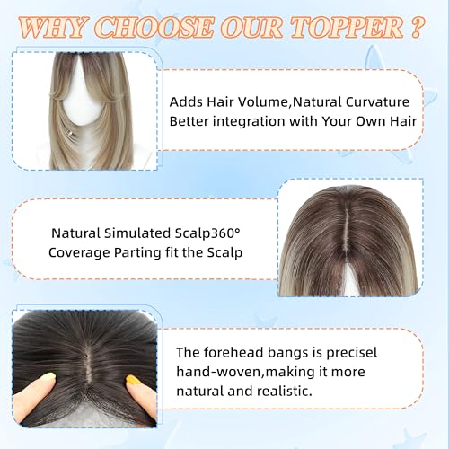 Image of Synthetic Hair Topper with Bangs 18 Inch Layered Toppers for Women with Thinning Hair 5.5 inch x 5 inch hand Tied Forehead Hairline 360 3D Cover Wispy Synthetic Toppers Hair for Women Fiber Wiglets