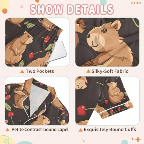 senya Capybaras and Cherry Satin Summer Pajama Sets Silk Short Sleeve Button Down Sleepwear3