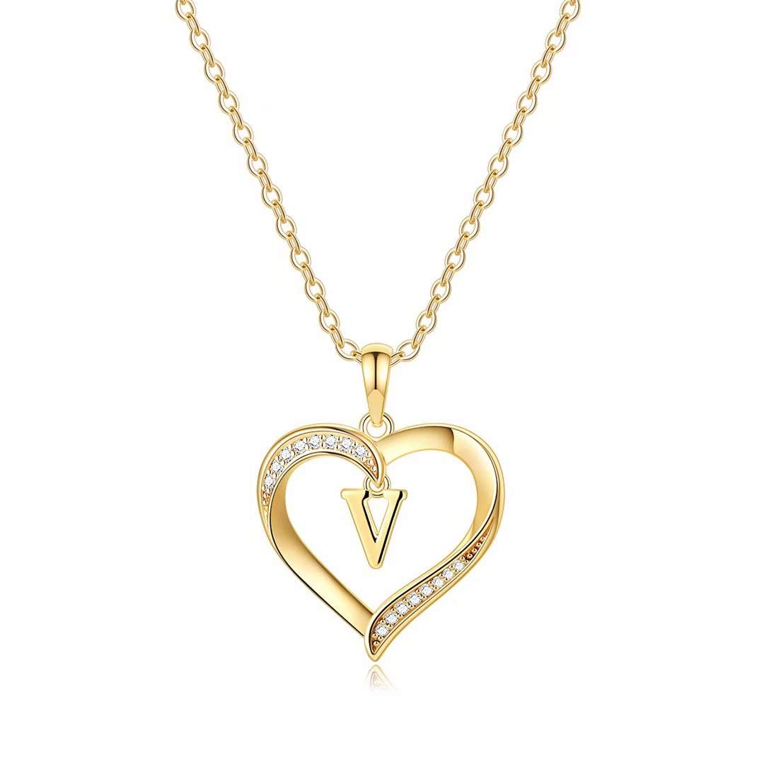 Yesteel Heart Initial Necklaces for Women, 14K Gold Plated Cubic Zirconia Heart Pendant Necklace, Dainty Initial Charm Necklace Letter A to Z Jewelry