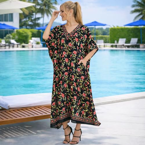 Image of Miss Lavish London Kaftan Dresses for Women Plus Size Long Batwing Sleeve Caftans, V Neck Moo Moo Printed Beach Cover Up Maxi Beach Dress, Bathing Suit Cover-Up Loungewear