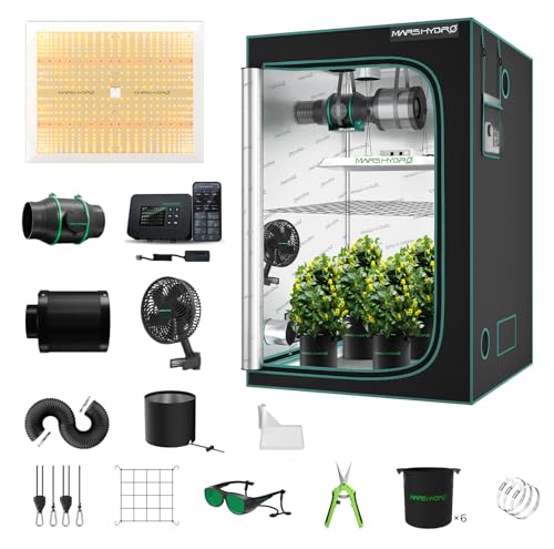 MARS HYDRO 4x4 Grow Tent Kit with Smart Controller 43,300W TSW2000 LED Dimmable Grow Light,48'x48'x80' 1680D High Reflective Mylar,6 inch Customized Ventilation System,10 Speed Clip Fan