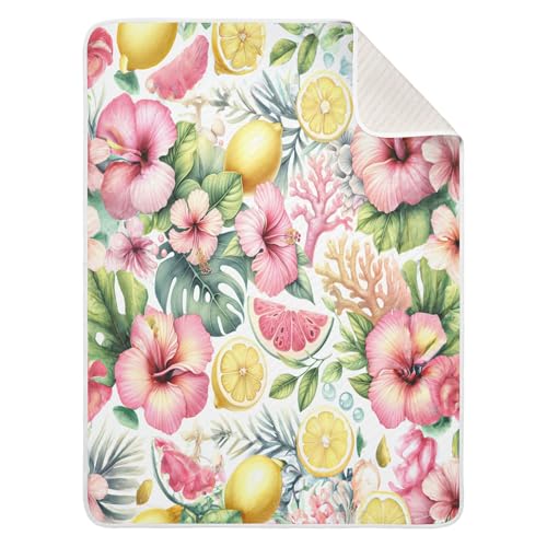Burbuja Pink Hibiscus Lemons Coral Baby Blanket for Boys Girls, Nursery Soft Warm Swaddling Receiving Baby Blankets, 30x40 in Toddler Blanket