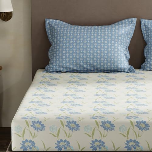 Image of Layers 100% Cotton King Size Bedsheet Set | Blue Floral Print | 120 TC Forever Collection | Soft & Breathable | Washable Bedsheet with 2 Pillow Covers | All Season