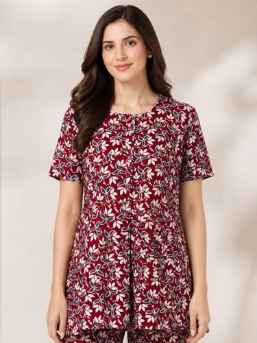 Image of KIAWAH Women Printed Night Suit Set, Cotton Blend Night Suit, A-Line Top and Pajama Set, Soft and Breathable Night Wear