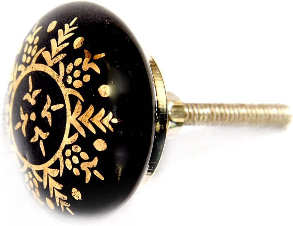 ATCUSA Set of 6 (3+3) White & Black Ceramic Knobs with Golden leafing Work – Decorative Pulls for Drawers, Cabinets, Dressers – Handmade Ornamental Drawer Handles Vintage Designer Gift
