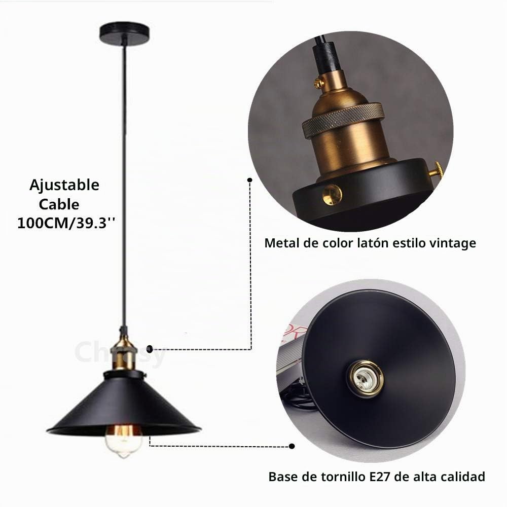 Chrasy Vintage Industrial Colgante de Luz Negro Metal Pantallas de Iluminación Retro Clásico Edison Lámpara de Techo Moderna Iluminación, 2 pcs