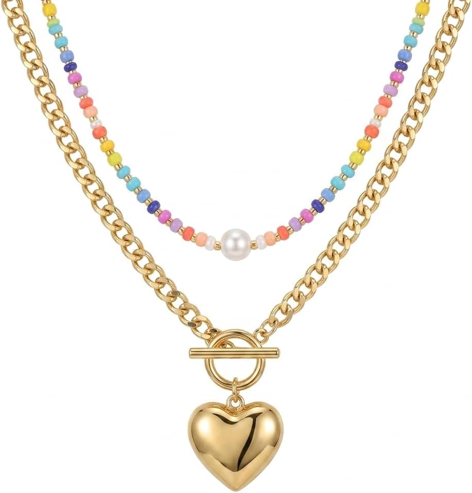 Chunky Beaded Gold Fish Pendant Layered Necklaces for Women, Boho Outfit