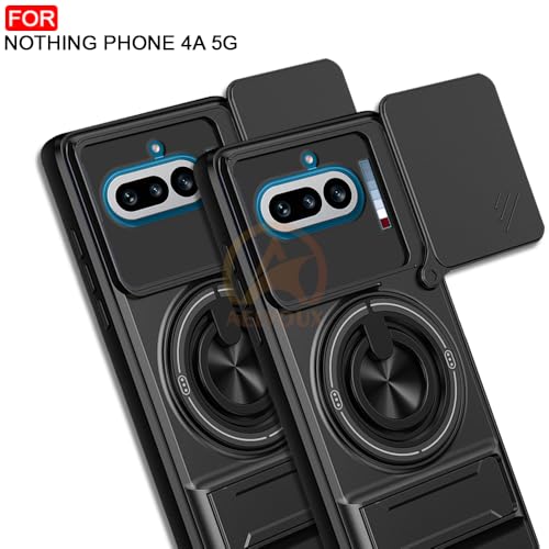 Image of Nothing Phone 4A 5G Back Cover | Armor Camera Slider 360 Degree Rotating Finger Ring Holder Case with Bracket Stand Back Case Cover (Compatible with MagSafe Accessories) (Black)
