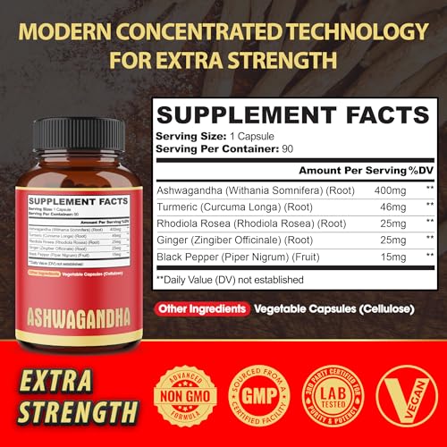 90 Capsules - Ashwagandha Supplement Capsules - Ginger Root, Turmeric, Rhodiola Rosea & Black Pepper - Image 3
