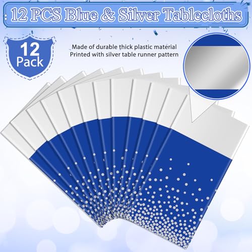 Image of 12Pcs Blue Silver Tablecloth Party Decorations,Plastic Royal Blue Table Cloth Printed Silver Table Runner Disposable Rectangle Tables Cover for Anniversary Wedding Graduation 2024 Party,54 x108 Inch