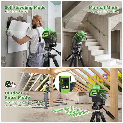 Image of Huepar Self Leveling Laser Level Green Cross Line Laser Tool with 2 Plumb Dots, Fathers Days Dad Gifts-360 Horizontal Line&140 Vertical Level Laser with Up&Down Points -Magnetic Bracket&AA Batteries