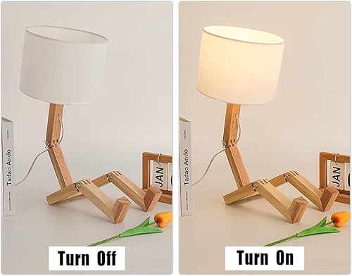 Miniatura 4 de Juego de 2 lámparas de escritorio robot, lindo y divertido robot de madera DIY lámpara de mesita de noche, forma ajustable para dormitorio, estudio,