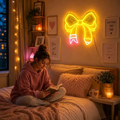 Image of Bow Pencil Neon Sign for Wall Decor Classroom Dimmable Led Neon Lights Light Up Signs for Classroom Gift Decoration USB Powered