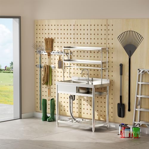 ROOMTEC 304 Stainless Steel Utility Sink Set, Single Bowl Commercial Sink with Drainboard and Hanging Tools for Kitchen, Garage, Laundry Room (Left bowl) ROOMTEC 304 Stainless Steel Utility Sink Set, Single Bowl Commercial Sink with Drainboard and Hanging Tools for Kitchen, Garage, Laundry Room (Left bowl)