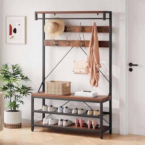 OPULENTHOME Porte-Manteaux, Meuble Entree, avec Banc et Étagère à Chaussures, 8 Crochets Amovibles et Tringle, Vestiaire mit Anti-basculement Design pour...