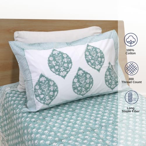 Image of TOAI Hand Block Printed Bedsheet | Bed Sheet Flatsheet| Pure Cotton | Single Bed Size 60 inchx90 inch | 300 TC Long Staple Cotton | 1 Reversible Pillow Cover |Cool Summer