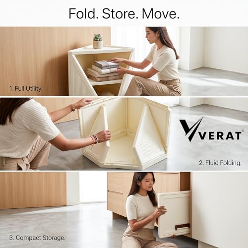 Image of VERAT 2 Tier Plastic Corner Storage Cabinet Foldable Cupboard with Layer Locking System Multipurpose Storage Organizer Rack for Clothes Books Toys and Home Decor White (Off White)