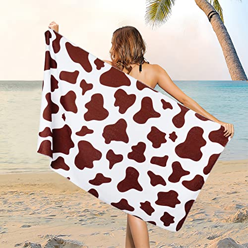 Microfiber Brown Cow Print Beach Towels Oversized, White Brown Cow Spots Beach Towel For Men, Women, Girls, Quick Dry Absorbent Large Bathroom Towel For Sport, Travel, Swim, Gyming, 31.5 X 59.1 Inch #TOP2