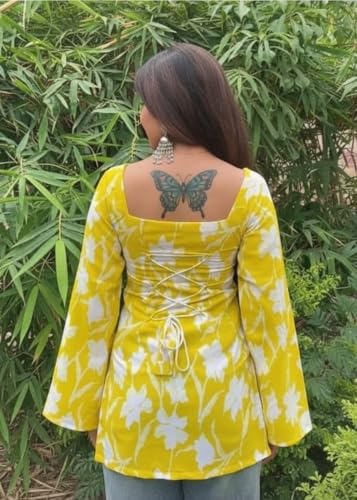 Image of MAHIRA'S Comfort Women's Short Kurti, Rayon Tunic Top with 3 /4 Embroidered Designer Sleeves | Soft Breathable Fabric | Office & Casual Kurti for Jeans, Leggings & Trousers