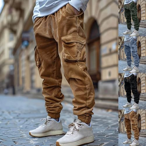 Cambkatl Men's Corduroy Jogger Casual Vintage Cargo Pants, Drawstring Elastic Waist Baggy Tapered Sweatpants with Pockets2