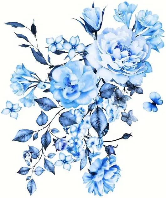 Blue Flower Bouquet Pattern Toilet Cover Sticker Decals,Fish Bird Flower Leaf Waterproof Toilet Lid Tank Seat Decals Cistern Self-Adhesive Bathroom Wall Sticker