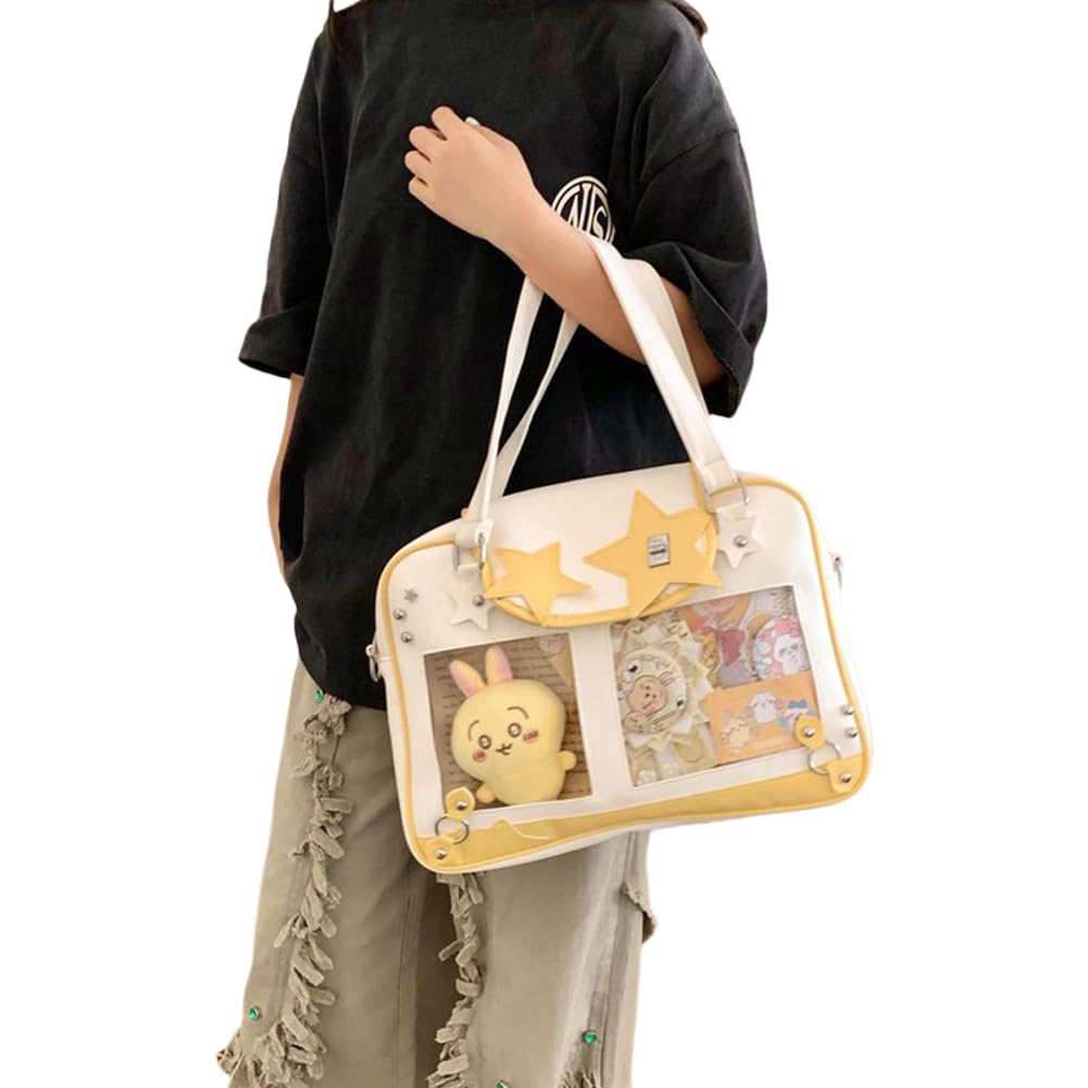 Transparente Damen-Umhängetasche, großes Fassungsvermögen, Handtasche aus PU-Leder, Kawaii-Stern-Design, Itabag für Reisen und Shopping