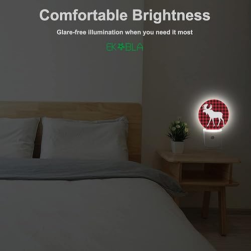 Miniatura 4 de EKOBLA Luz nocturna de alce rojo para enchufar en la pared, luz nocturna LED a cuadros para habitación de niños y niñas, sensor de atardecer a
