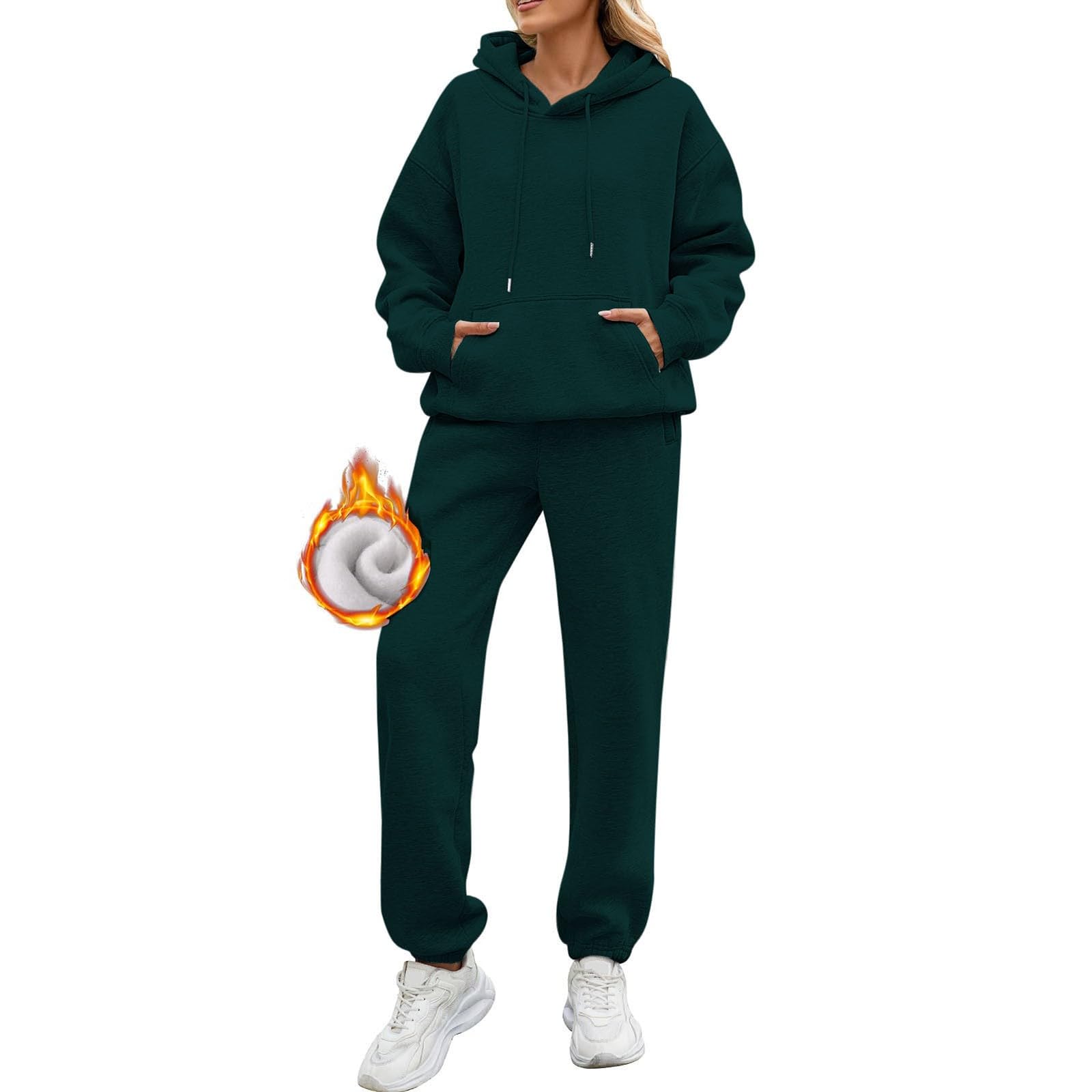 Tuta da jogging da donna con fodera in pile invernale, set da allenamento S-3XL | Activewear - Tuta sportiva da donna, lunga, oversize, con cappuccio e coulisse, con tasche