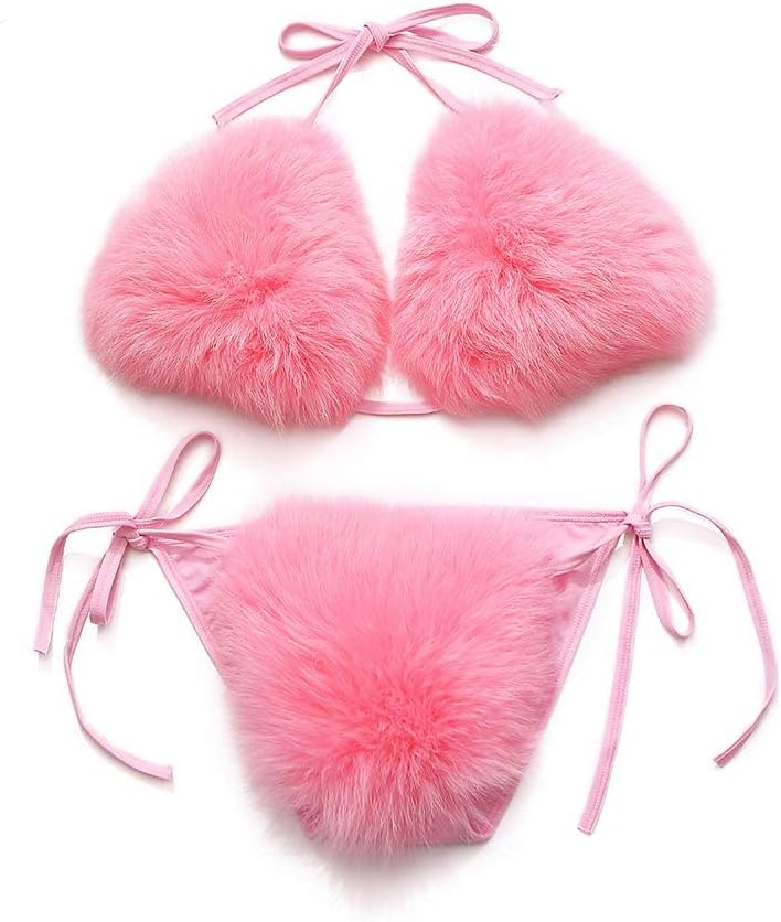 ZOSCGJMY Women's Faux Fur Halter String Triangle Bikini Sets Two Piece Swimsuits (Pink)