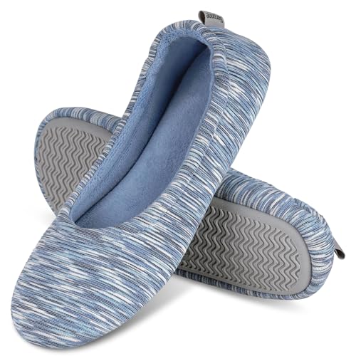 Garonne Womens Ballerina Slippers with Memory Foam and Rubber Sole Ladies Non-Slip House Shoes for Bedroom Indoor(7-8 Blue)