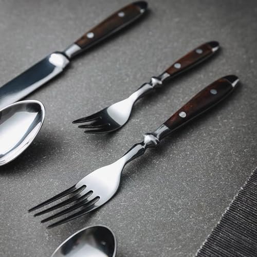 Brown Silverware Set 5 Piece Flatware Cutlery Set Service for 1,18/10 Stainless Steel Faux Wood Rivet Handle Mirror Polished Dishwasher Safe Premium Durable Utensil Sets for Home Kitchen Wedding